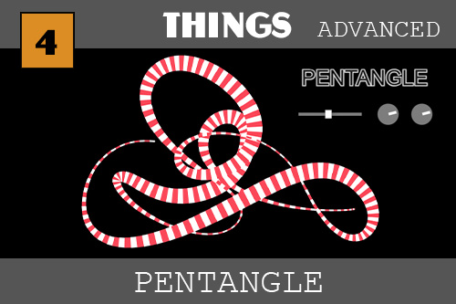 The word Pentangle is at the top left in black with a white outline.  Then there is a cool red and black striped scribble. The picture was made with Pentangle which is a drawing tool we can make in this tutorial.  It makes a curve that follows the mouse and you can change colors and animate the thickness!